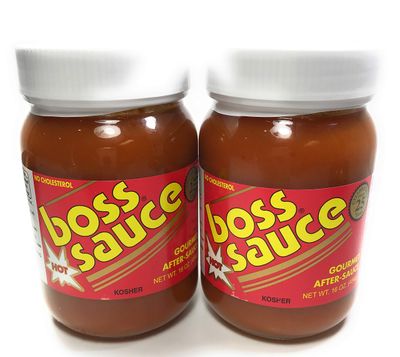Boss Sauce HOT Gourmet After-Sauce 2 PACK 16 Oz. Hot Sauce, All-Natural, Kosher Fish Sauce, BBQ Sauce, Chicken Wings, Wing Sauce, meat sauce, simmer sauce, chicken sauce