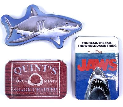 Jaws Collectible Candy Tin Bundle - Three (3) Tins filled with 3 Different Flavors &amp; Shapes. Tins include: Jaws Movie Poster, Quint Orca Mints, and Great White Shark Maneater