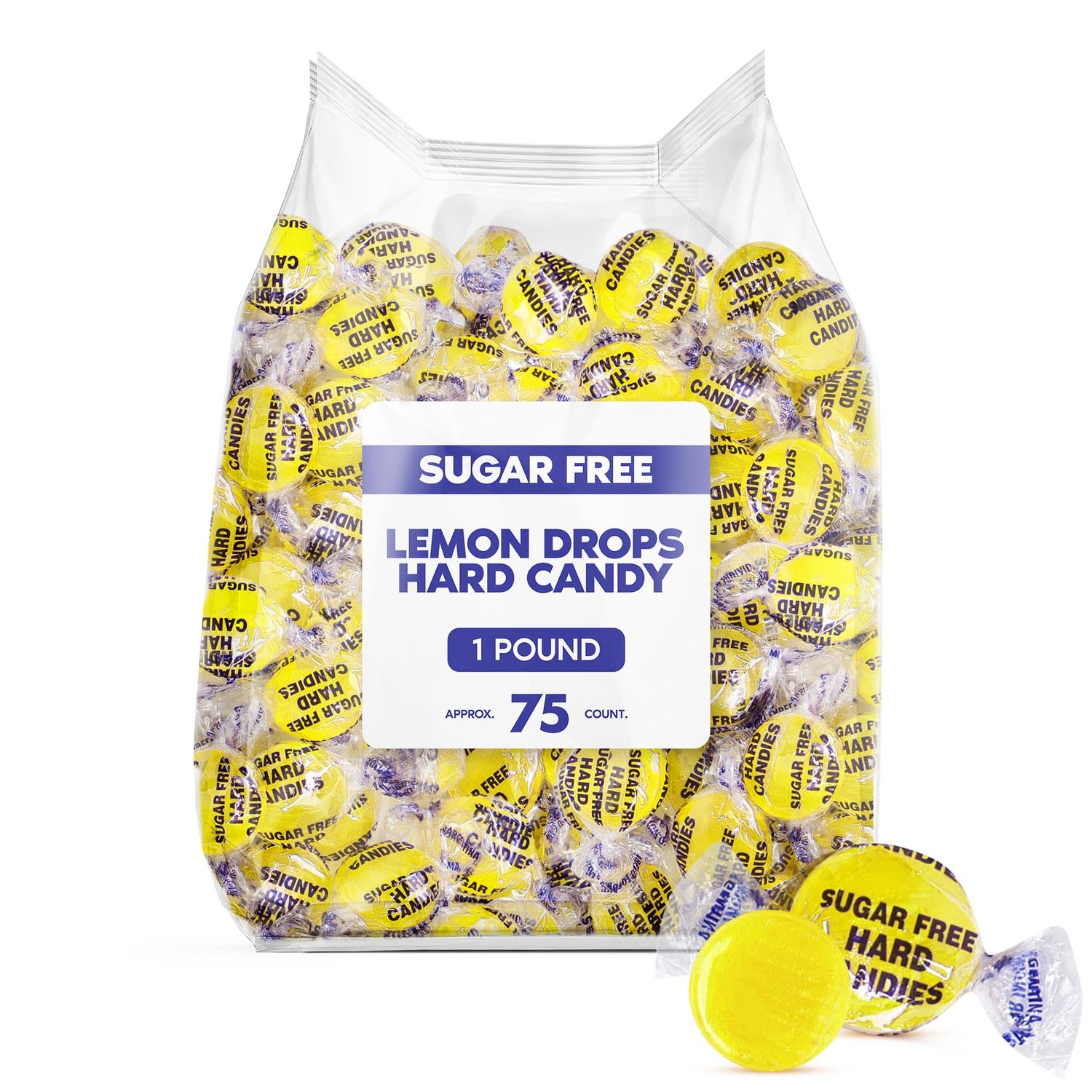 Sugar Free Lemon Drops Hard Candy - 1 Pound Individually Wrapped Zero Sugar Lemon Flavored Candy Discs For Snacks &amp; Treats - Approx. 75 Count Sugar Free Candy