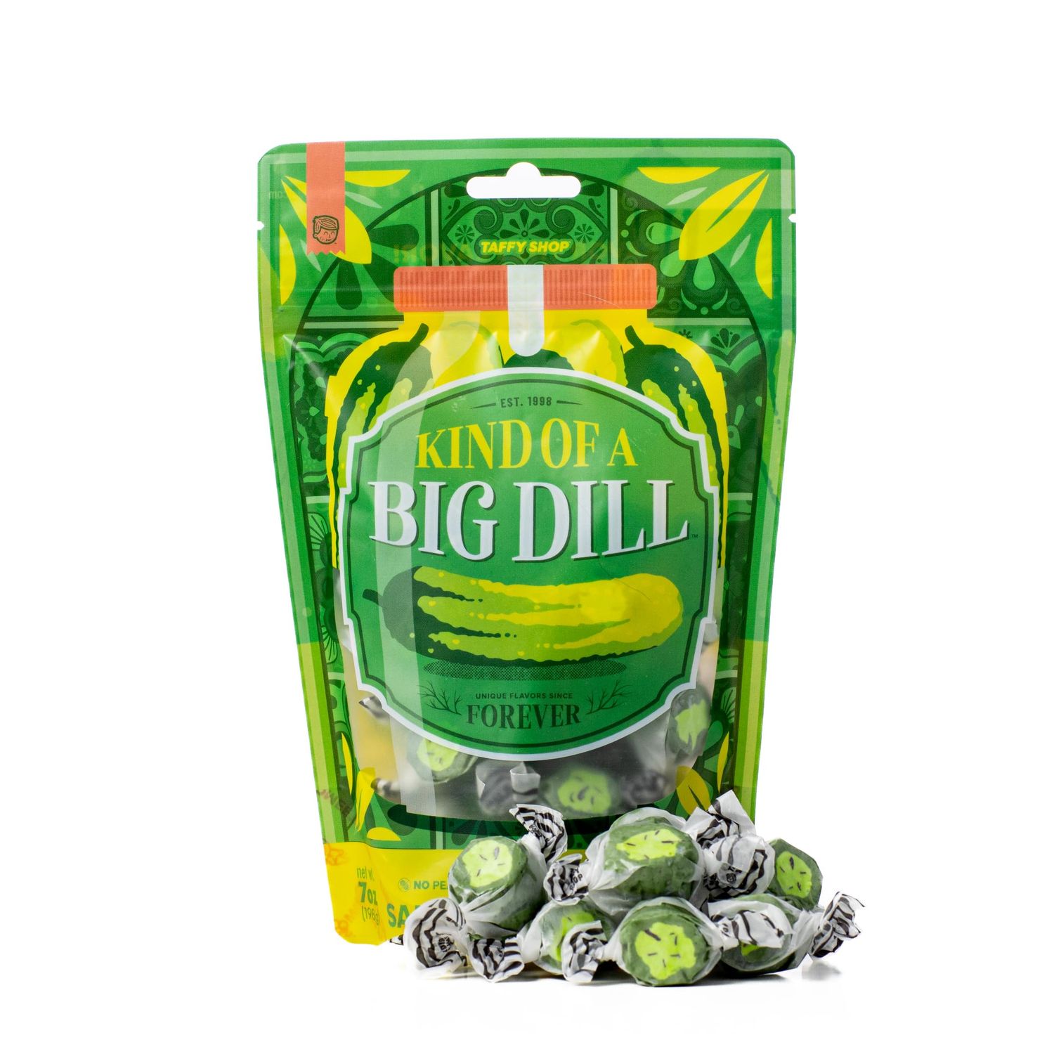 Taffy Shop Kind Of a Big Dill, Dill Pickle Salt Water Taffy - Gourmet Soft Chewy Candy, Bulk Sweet Snack, Fresh Gift &amp; Gluten-Free, 35 Individually Wrapped Pieces (7oz)