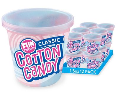 Fun Sweets Cotton Candy 12-Pack - Blue Raz and Cherry Swirl 1.5 oz Tub Resealable - Individual Cotton Candy Tubs Great for Easter Basket Candies or Party Favors - Bulk CottonCandy Individual Tubs