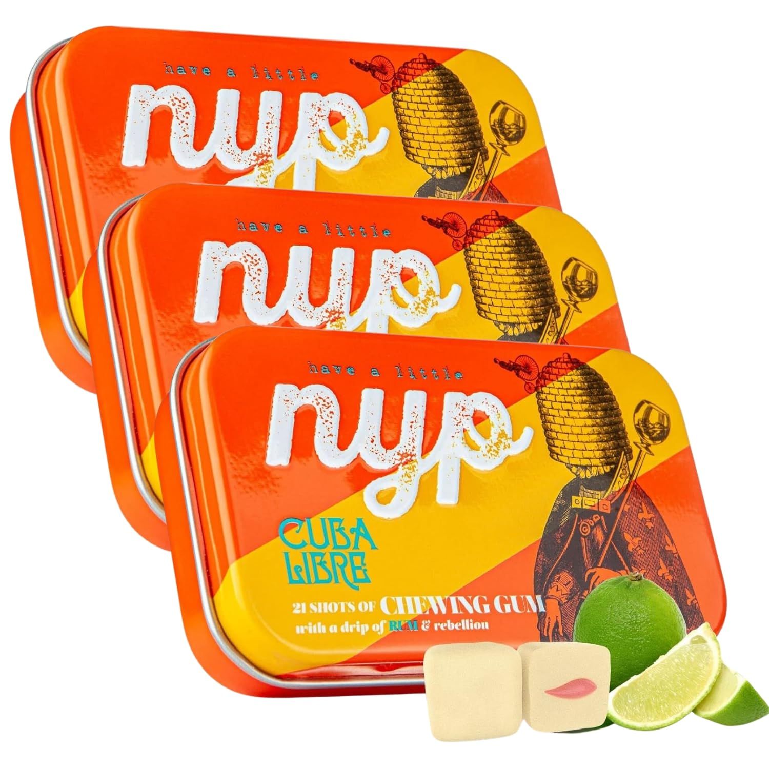 NYP Sugar Free Cuba Libre Lime Chewing Gum, Aspartame Free &amp; Alcohol Free Cocktail Filled Rum Gum Tin, Vegan, 63 Pieces (3 Tins)