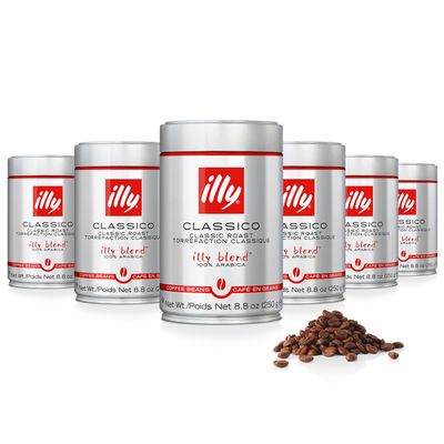 illy Classico Whole Bean Coffee, Medium Roast, Classic Roast with Notes Of Caramel, Orange Blossom and Jasmine, 100% Arabica Coffee, No Preservatives, 8.8 Ounce (Pack of 6)
