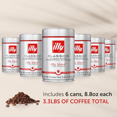 illy Classico Whole Bean Coffee, Medium Roast, Classic Roast with Notes Of Caramel, Orange Blossom and Jasmine, 100% Arabica Coffee, No Preservatives, 8.8 Ounce (Pack of 6)