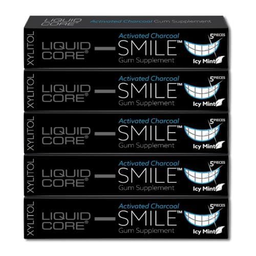 Liquid Core Smile Activated Charcoal Gum with MCT Oil, Hydroxyapatite, and Xylitol - Teeth Cleaning Gum, Icy Mint Sugar-Free Gum (5 Pack)