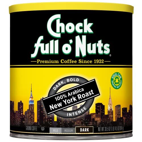 Chock Full oNuts New York Roast, Dark Roast Ground Coffee - Gourmet Arabica Coffee Beans - Bold, Full-Bodied and Intense Coffee (30.5 Oz. Can)