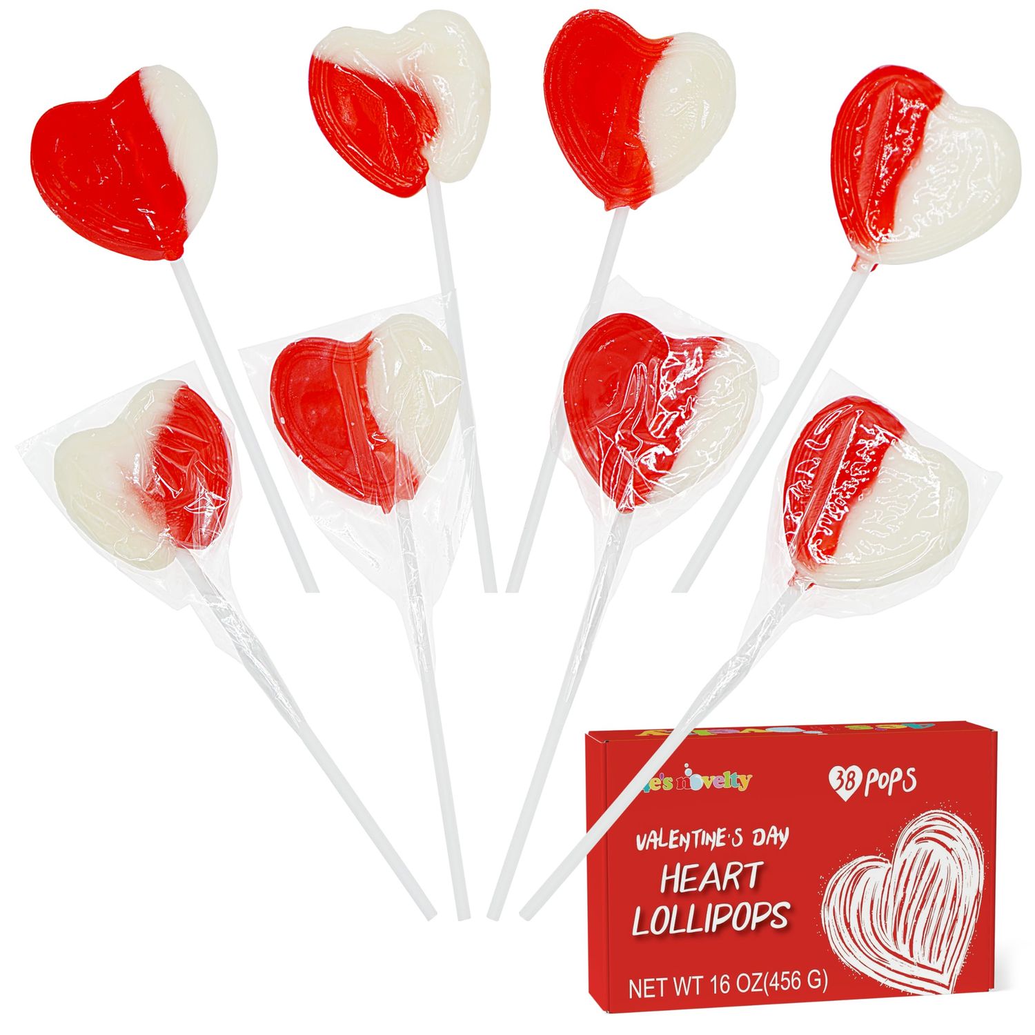 4E&#39;s Novelty 38 Pack Heart Shaped Lollipops, Strawberry and Cream Flavored, Individually Wrapped Valentines Suckers for Kids Adults Party Favors