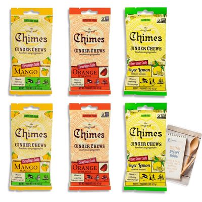 Chimes Ginger Chews Variety Pack of 6 Bundle - 2 of each (Mango, Orange &amp; Lemon) 9 oz total Vegan Gluten Free Organic Ginger Chews for Nausea, Morning Sickness, Motion Sickness, Sore Throat Relief