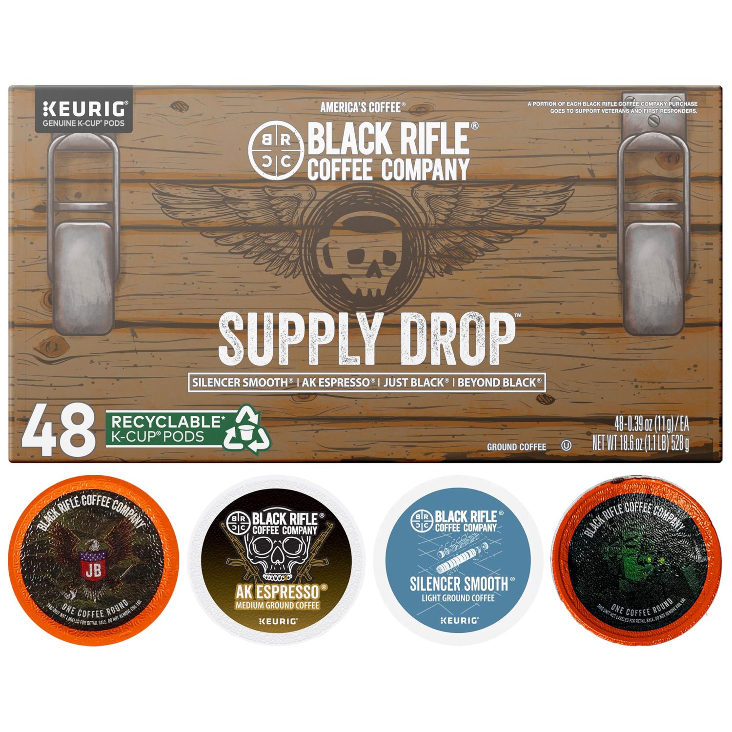 Black Rifle Coffee Company Supply Drop Variety Pack, With Silencer Smooth, AK Espresso, Just Black, and Beyond Black Blends, 48 Coffee Pods