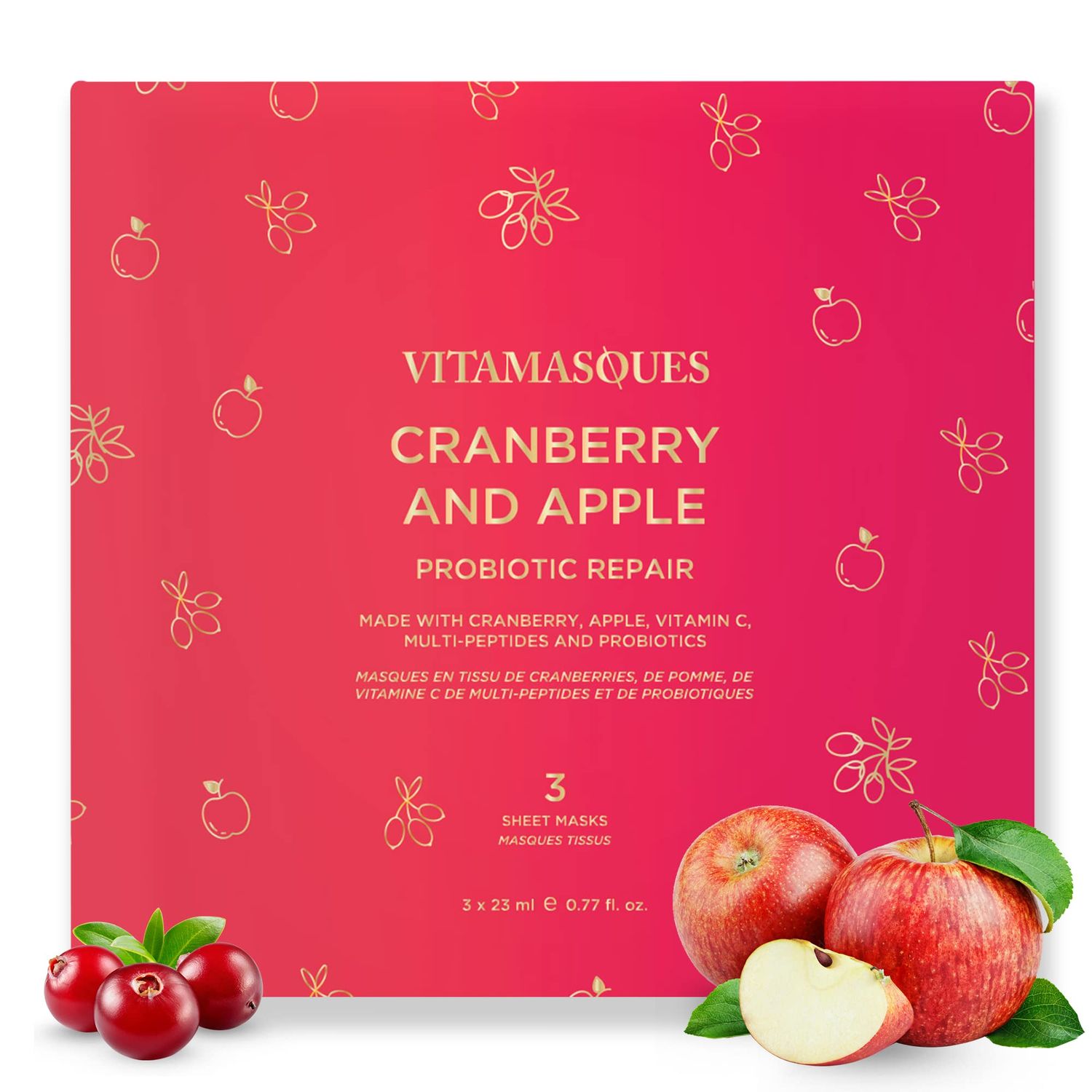 Vitamasques Cranberry and Apple Probiotic Repair Boxset - 3 Vegan Face Masks with Adaptogenic Ingredients to Improve Skin Health - Korean Skin Care Facial Masks