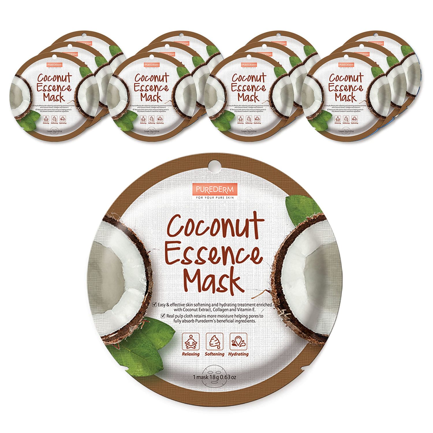 Purederm Coconut Essence Mask (12 Pack) - Coconut Extracts, Collagen, and Vitamin E to Make Your Skin Smooth and Clear