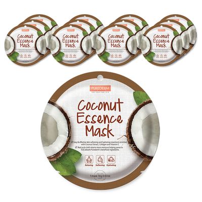 Purederm Coconut Essence Mask (12 Pack) - Coconut Extracts, Collagen, and Vitamin E to Make Your Skin Smooth and Clear
