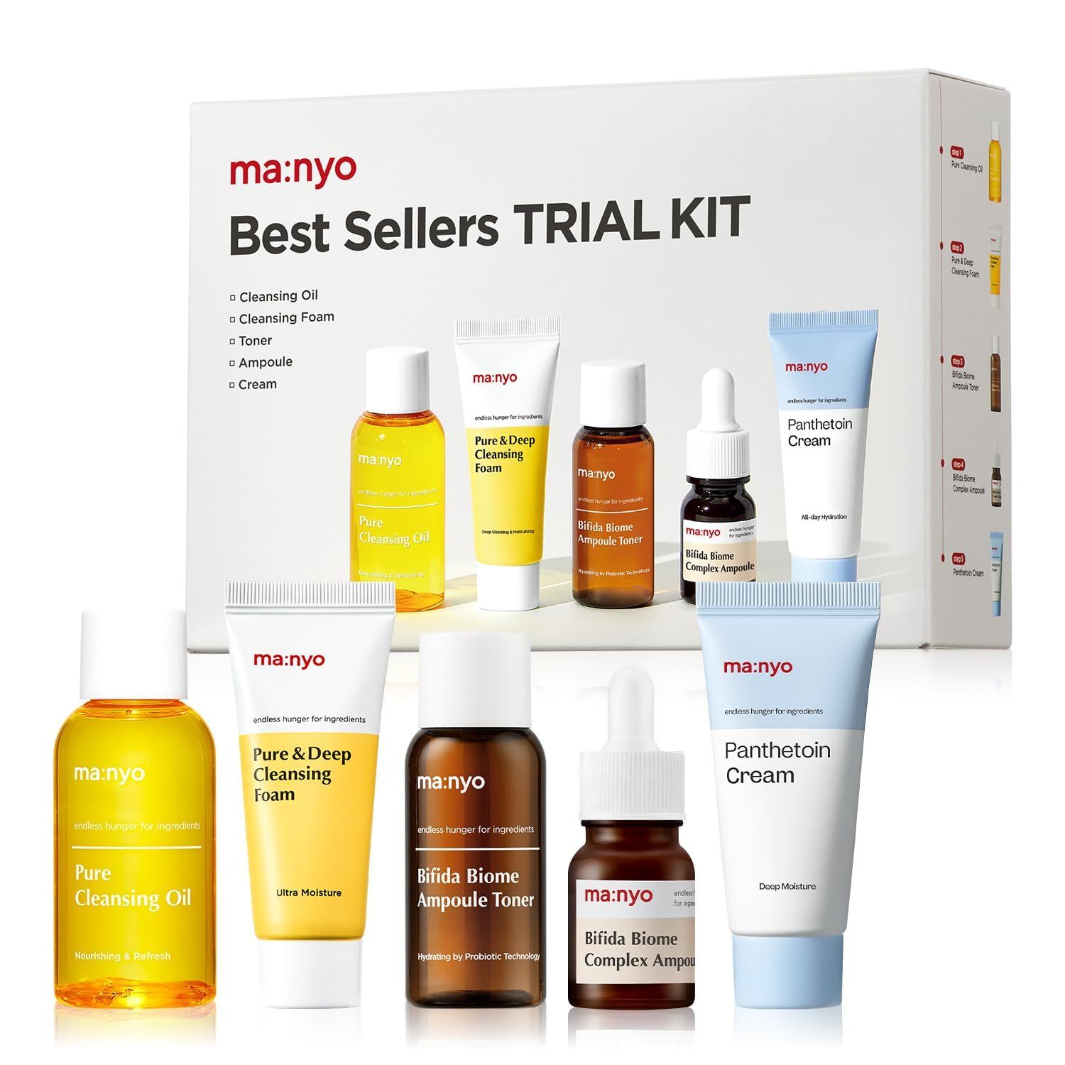 ma:nyo Best Sellers Kit Travel size Trial &amp; Gift Set Pure Cleansing Oil, Pure Cleansing Foam, Bifida Biome Ampoule, Bifida Biome Toner, Panthetoin Cream Korean Skin Care, Skin Repair Solution