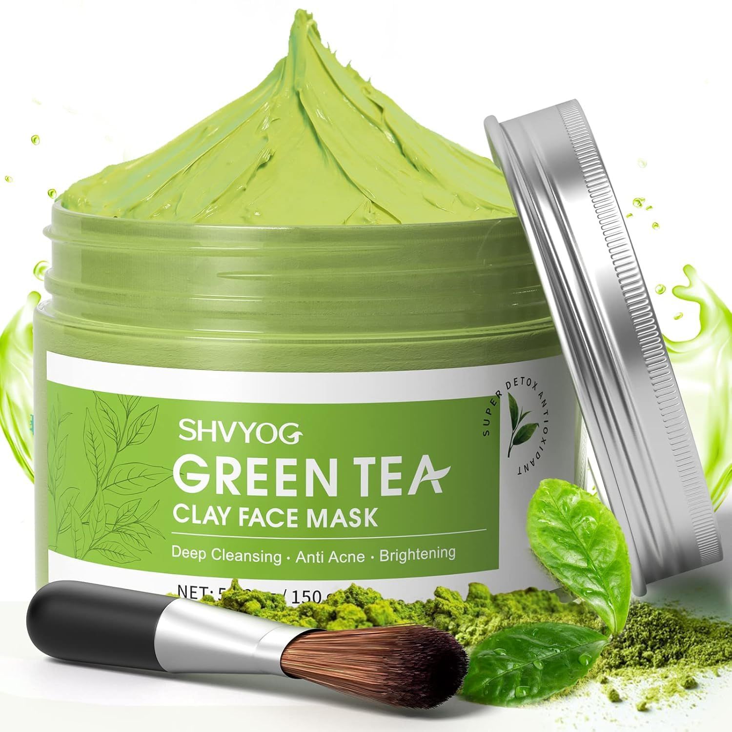 SHVYOG Green Tea Face Mask, Antioxidant Green Tea Clay Mask with Volcanic Mud, Deep Cleansing &amp; Moisturizing &amp; Hydrating Clay Facial Mask for Pores, Blackheads, Wrinkles, Dirts