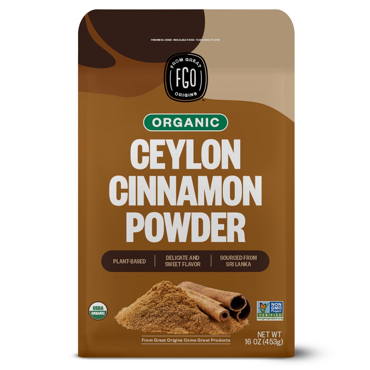 FGO Organic Ceylon Cinnamon Powder, 16oz Pure Sri Lanka Cinnamon for Spice &amp; Seasoning, Great for Baking, Cooking, &amp; Drinks, Additive Free, Non-GMO (Pack of 1)