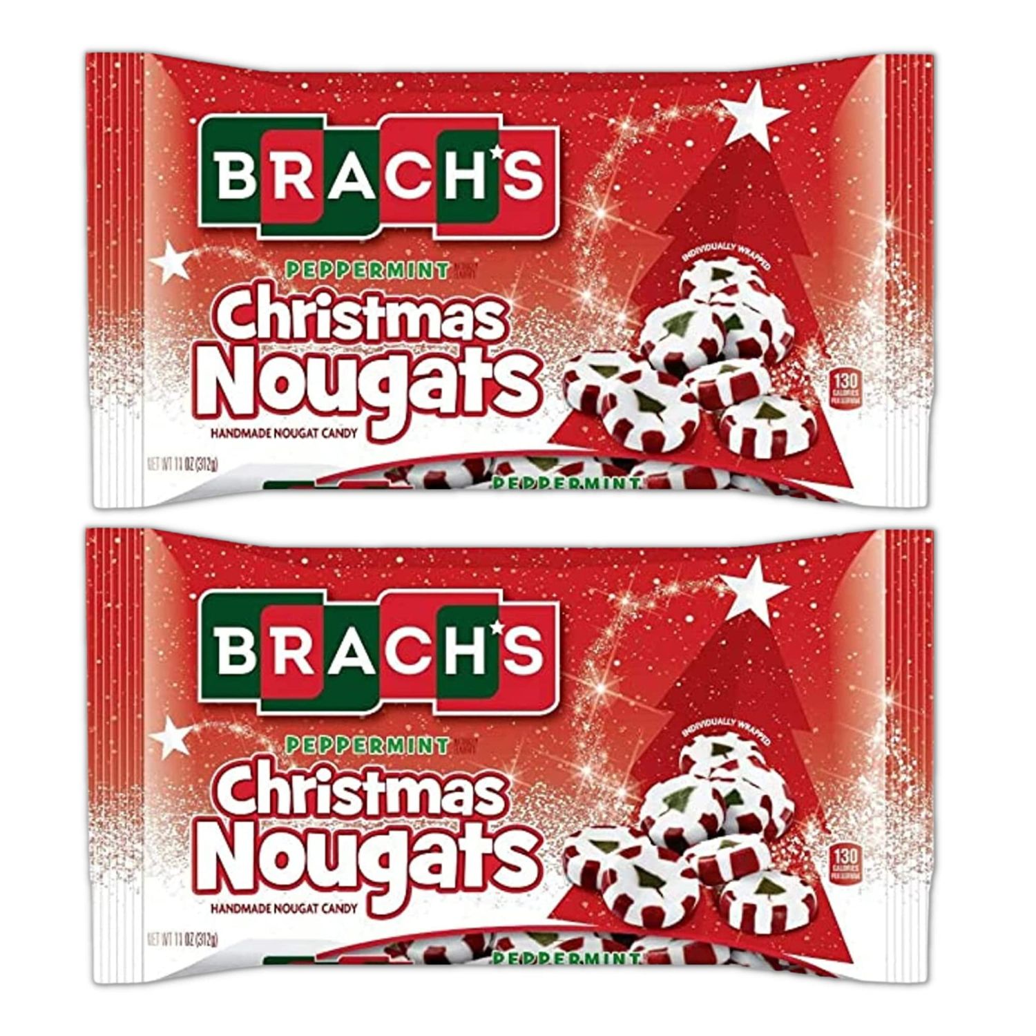 Christmas Nougat Candy Bundle. Includes Two-11 Oz Bags of Brachs Peppermint Christmas Nougats! Handmade Christmas Tree Designed Holiday Candy! Comes with a BELLATAVO Fridge Magnet!