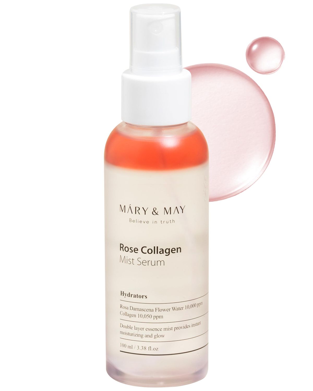 Mary&amp;May Rose Collagen Mist Serum - Double Layer Essence Face Spray - Instant Hydration, Radiance, Anti-Aging and Glowing Skin with Damask Rose Water and Plant-Based Oils, 3.38 fl.oz.