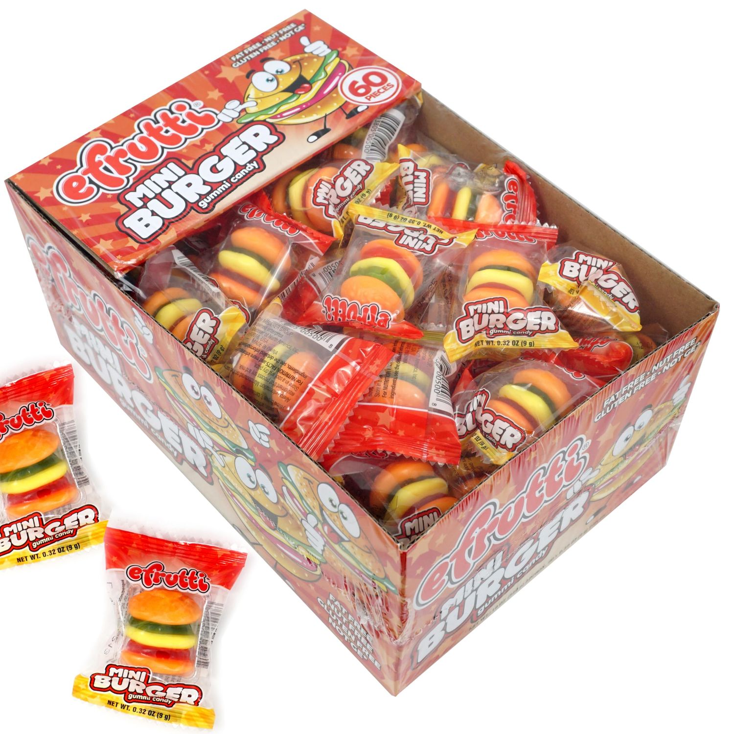 efrutti Gummi Mini Burger, 60 Pieces Display Box, Individual Wrapped Gummy Burgers