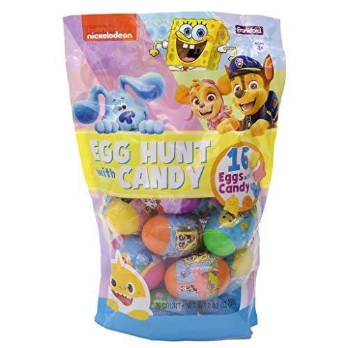 Nickelodeon Plastic Egg Hunt Bag, Assorted 16 Count Eggs by Frankford Candy, 1 Pack, Baby Shark, SpongeBob SquarePants, Paw Patrol, Blues Clues