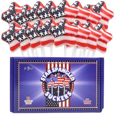 Red, White and Blue Candy, American Flag Star Suckers, 4th of July Treats, Individually Wrapped Lollipops, 12 Count