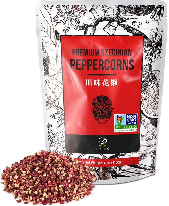 Soeos Sichuan Peppercorns, 4 Ounce(113g), Authentic Szechuan Red Peppercorn, Numbing and Tingle Effect, Less Seeds, Strong Flavor, Essential for Mapo Tofu, Kung Pao Chicken and Asine Cusine