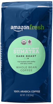 Amazon Fresh Organic Fair Trade Sumatra Whole Bean Coffee, Dark Roast, 12 Ounce