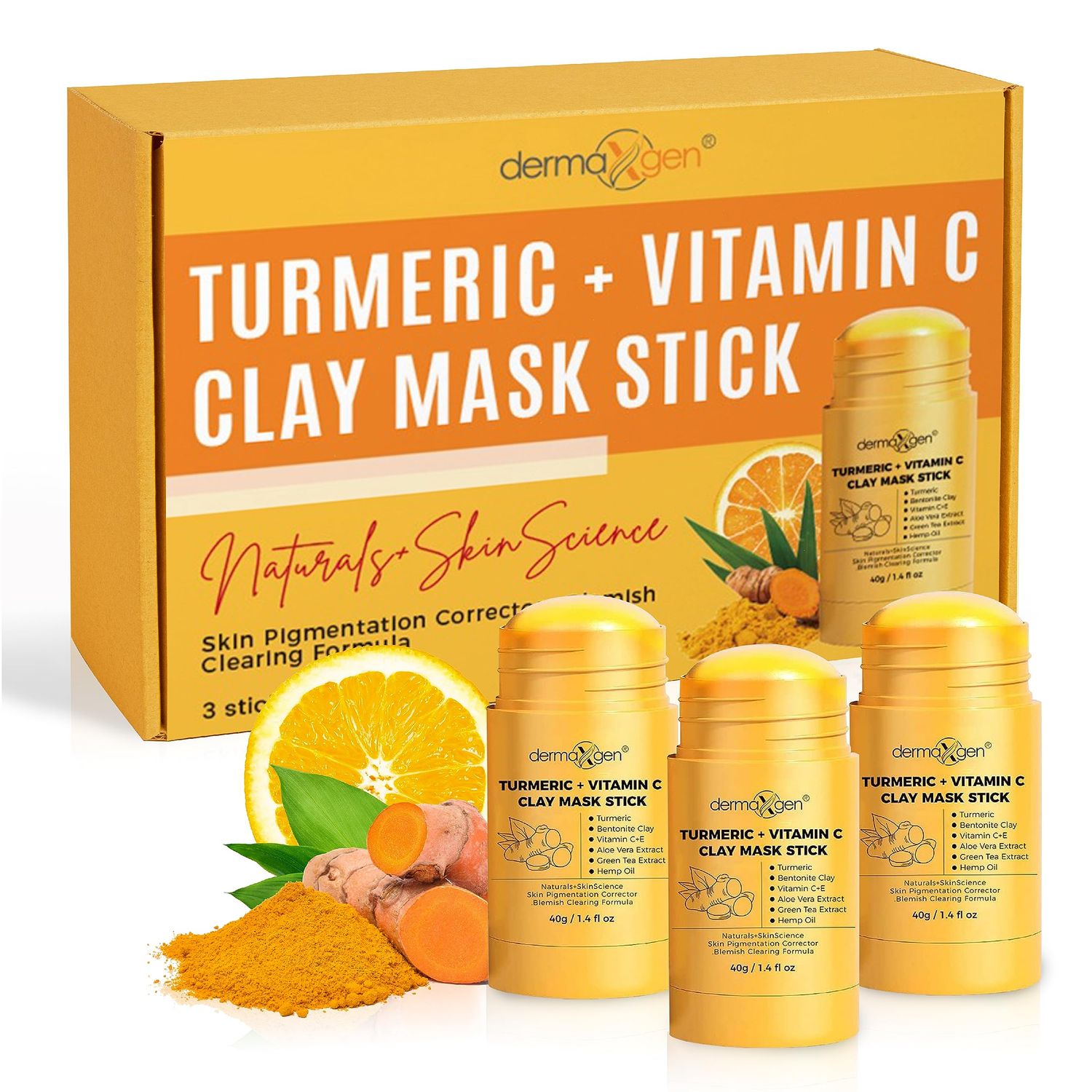 DERMAXGEN Organic Turmeric Mask Stick - for Clear, Radiant Skin - Acne &amp; Scars Reduction, Healing Clay Pore Cleansing Facial Mask - Improve Skin Tone and Texture - All-Natural 1.4 Oz (Pack of 3)