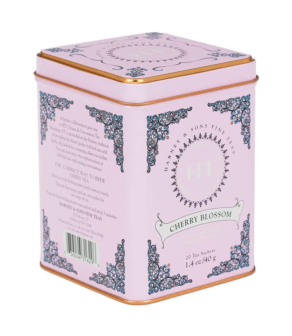 Harney &amp; Sons Caffeinated Blossom Green Tea Tin Sachets Pink 31629, Cherry, 20 Count (Pack of 1)