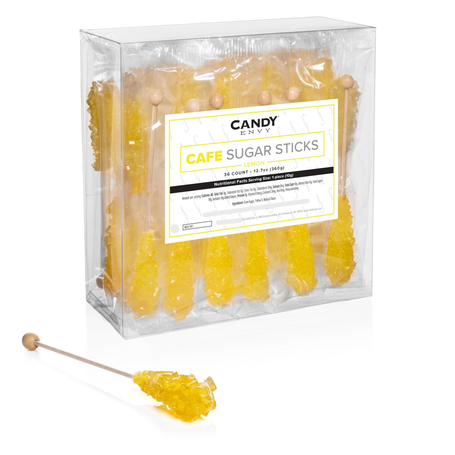 Candy Envy - 36 ct Yellow Cafe Sugar Sticks Rock Candy - Individually Wrapped - Lemon Flavored