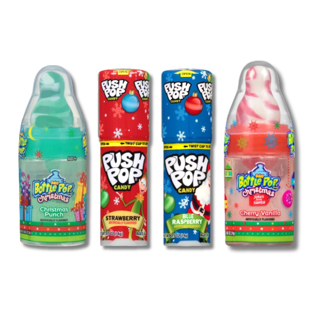 Christmas Baby Bottle Pops &amp; Push Pops - Holiday Flavor Assortment - Variety Gift Pack of 4 (2 Each) By Lyza&#39;s Sweets &amp; Treats