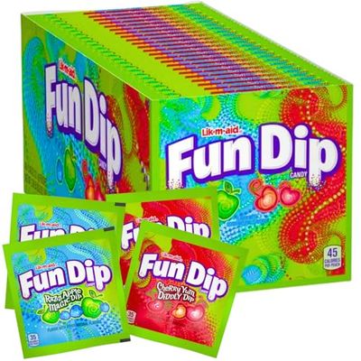 Fun Dip Candy 48 Pack Case, 2 Flavors - Cherry Yum Diddly Dip and Razz Apple Magic Dip with 2 Airmont Farm Stickers
