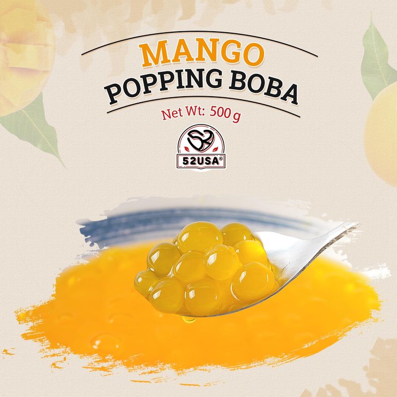 52USA Mango Popping Boba (500g), Popping Pearls for Bubble Tea, Beverages, Sweets, Ice Cream, Shakes, Desserts &amp; Smoothies Topping, 1.1 Pound (Pack of 1)