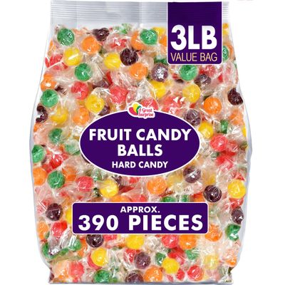 Fruit Balls Hard Candy - 3 Pounds - Cherry, Lemon, Orange, Green Apple, Grape - Individually Wrapped Fruit Balls Assorted Candy - Fruity Hard Candies - Old Fashioned Candy - Bulk Hard Candy