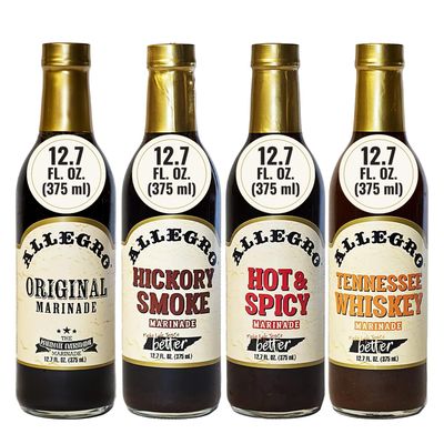 ALLEGRO - The Marinate Everything Marinades Variety Pack Sauce for Meat &amp; Veggies Marinade for Grilling &amp; Roasting 12.7 Oz Each - (Pack of 4) Original, Hickory Smoke, Hot &amp; Spicy, Tennessee Whiskey