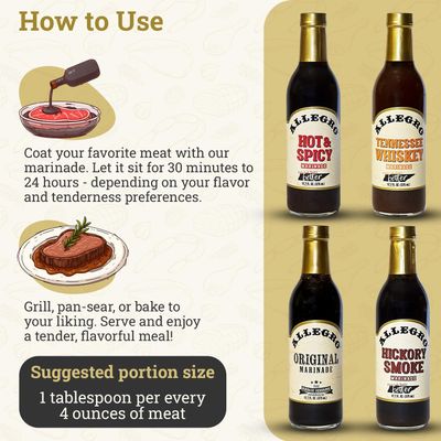 ALLEGRO - The Marinate Everything Marinades Variety Pack Sauce for Meat &amp; Veggies Marinade for Grilling &amp; Roasting 12.7 Oz Each - (Pack of 4) Original, Hickory Smoke, Hot &amp; Spicy, Tennessee Whiskey