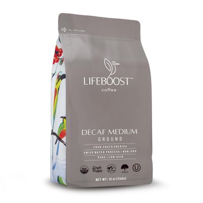 Lifeboost Medium Roast Swiss Water Decaf Coffee Ground - Non-GMO Low Acid Single Origin USDA Decaf Organic Coffee - Third Party Tested For Mycotoxins &amp; Pesticides - 12 Ounces