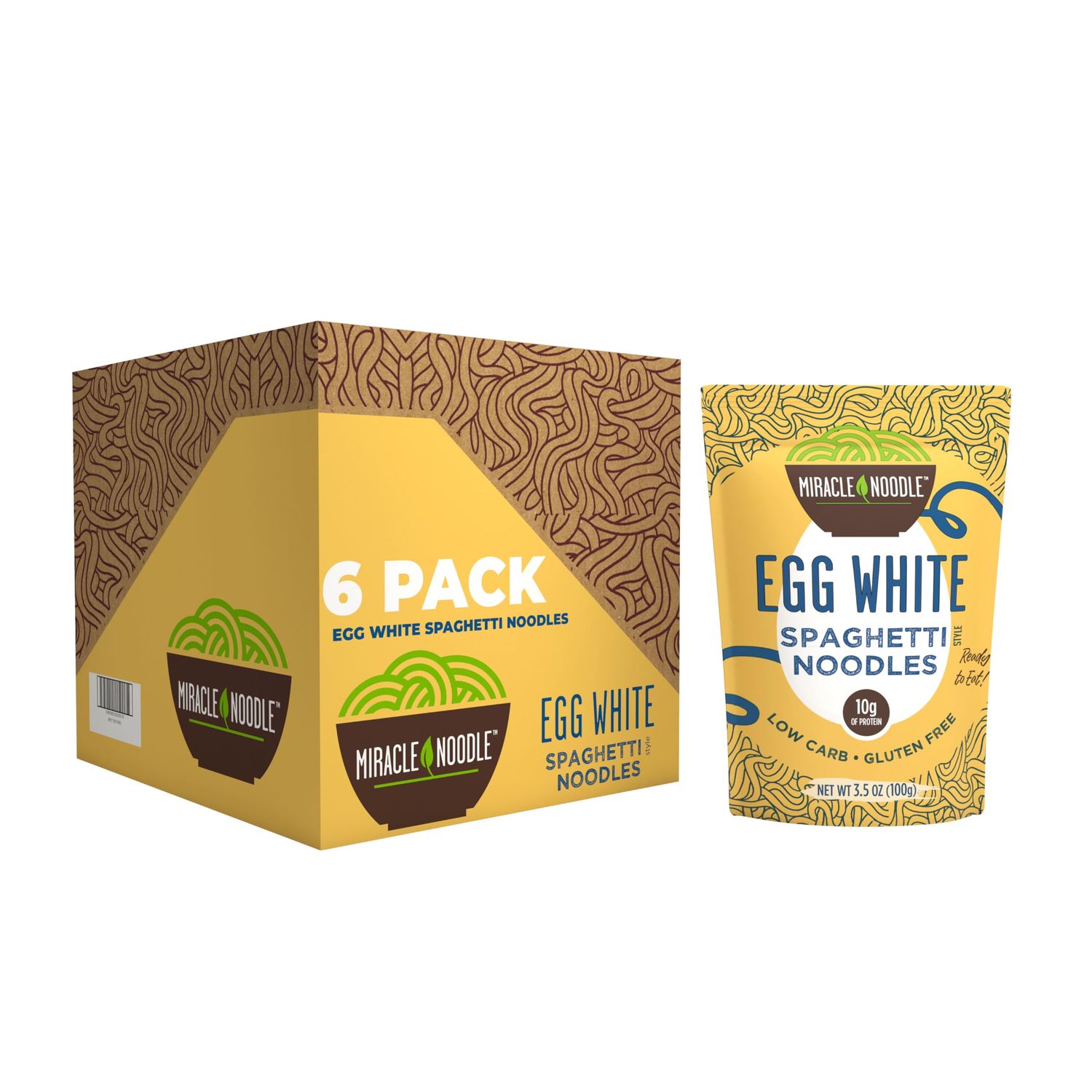 Miracle Noodle High Protein Egg White Noodles - Spaghetti - Low in Carbs &amp; Calories - Ready to Eat - 3.5 Ounce (Pack of 6)