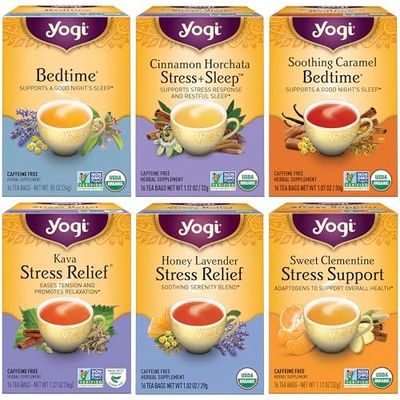 Yogi Tea Stress Relief &amp; Herbal Variety Sampler - 16 Bags per Pack (6 Packs) - Organic Herbal Tea Sampler - Includes Bedtime, Kava Stress Relief, Soothing Caramel Bedtime &amp; More