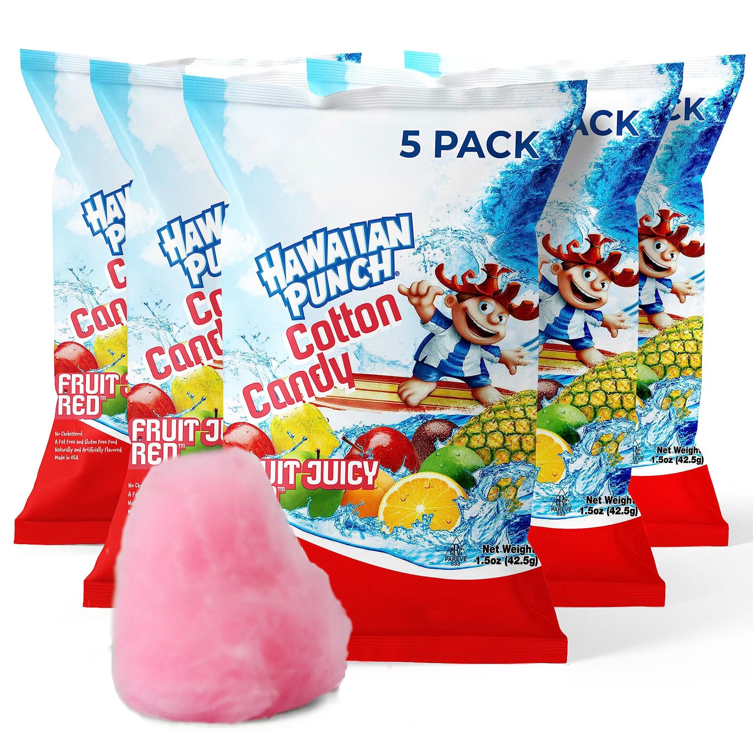 Hawaiian Punch Cotton Candy Bulk - Tropical Fruit Fusion, Soft &amp; Fluffy Party Treats, Fat-Free &amp; Gluten-Free, Perfect for Birthdays &amp; Themed Events - 4 Bags