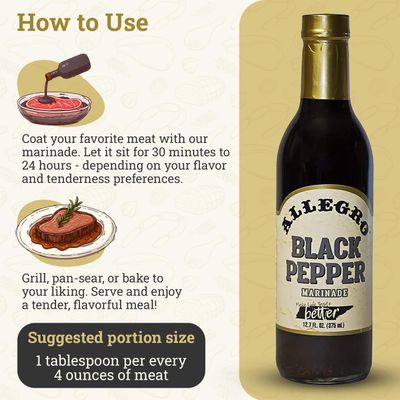 ALLEGRO - The Marinate Everything Marinades Perfect Marinades for Meat &amp; Veggies Marinade for Grilling, Roasting &amp; Cooking Kosher &amp; Gluten Free 12.7 Oz (Pack of 6) - Black Pepper