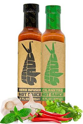 Hank Sauce Hot Sauce Variety Pack - Versatile Hot Pepper Sauce with Fresh Garlic, Herbs &amp; Peppers - Hot Garlic Sauce with Mild Heat &amp; Unique Flavors - Herb-Infused &amp; Cilanktro - 2 x 8 Ounces