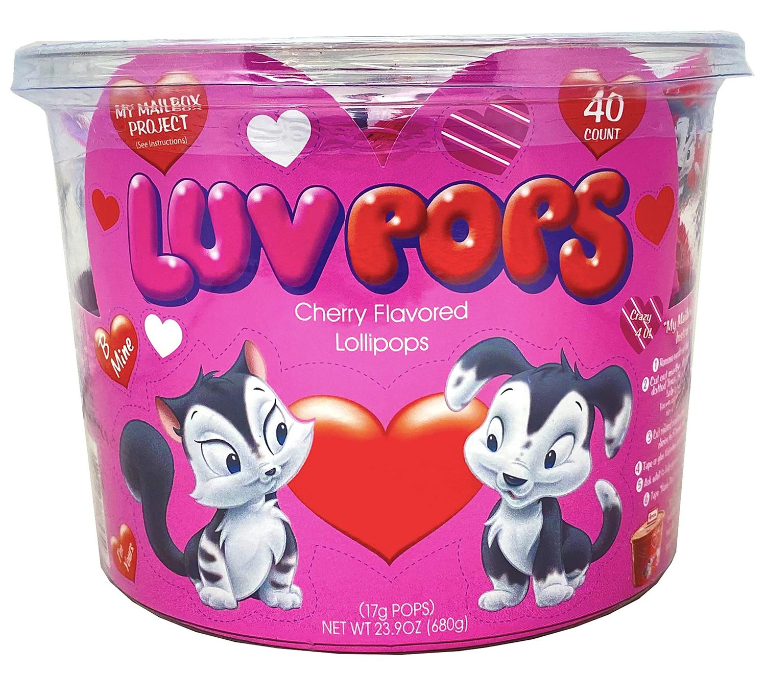 Adams &amp; Brooks, Inc. Luv Pops Intense Cherry Flavored Heart-Shaped Lollipops Mailbox Tub Individually Wrapped Heart Lollipops for Valentines (40 Count Tub)