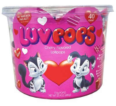 Adams &amp; Brooks, Inc. Luv Pops Intense Cherry Flavored Heart-Shaped Lollipops Mailbox Tub Individually Wrapped Heart Lollipops for Valentines (40 Count Tub)