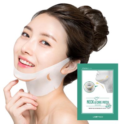 Labottach V Lifting Chin and Neck Wrinkle Patches, Anti Aging Strap for Tightening and Firming Neck After 2 Weeks, for Overnight, Contouring Jawline Tapes for sagging jowls 4psc with Collagen mask