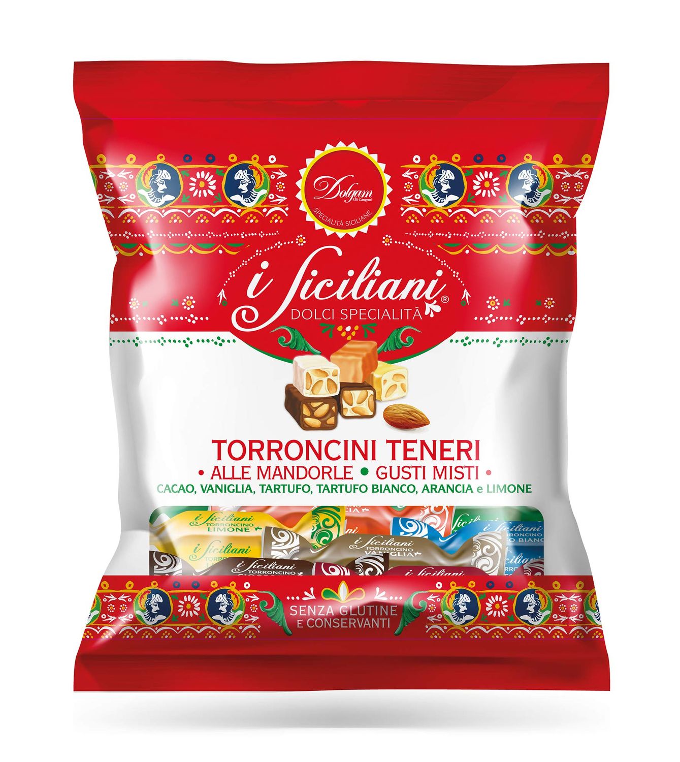 I Siciliani Soft Almond Nougat bite size Individually wrapped Assorted Mix of 4X150g. Bags total 600g. (21.20oz.) made in Sicily.NO PRESERVATIVES &amp; GLUTEN FREE (Pack of 1)