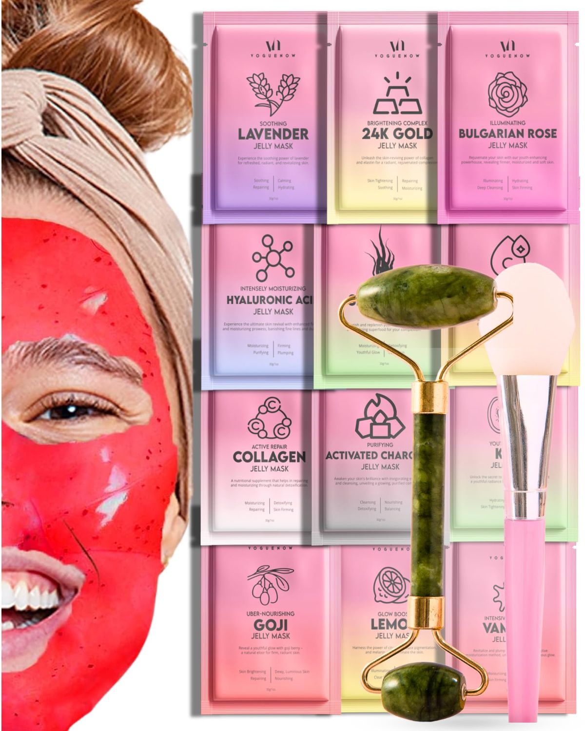 Jelly Mask for Facials - 12 Flavors Hydrating &amp; Brightening Jelly Face Masks Free Jade Roller &amp; Spatula Bulgarian Rose, Lavender, Hyaluronic Acid, 24K Gold face mask skin care Vajacial Jelly Mask