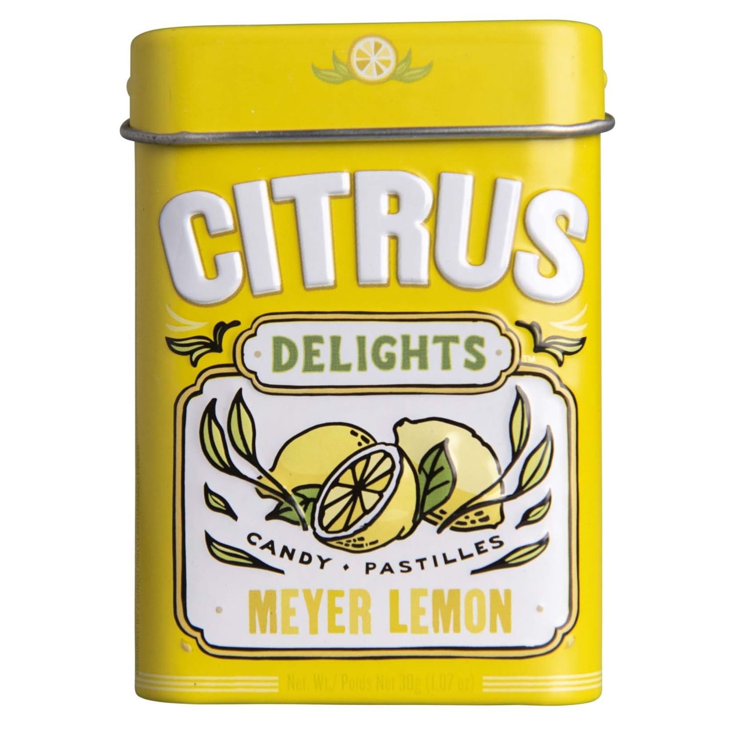 Citrus Delights Meyer Lemon Candy Natural Ingredients, No Artificial Colors or Flavors Kosher Certified, Vegan, Gluten Free Aspartame &amp; Xylitol Free 30 Count Tin (Pack of 12)