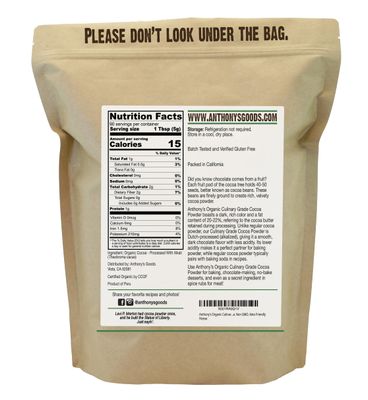 Anthony's Organic Culinary Grade Cocoa Powder, 1 lb, Dutch Processed Baking Cocoa, Gluten Free, Non GMO, Keto Friendly