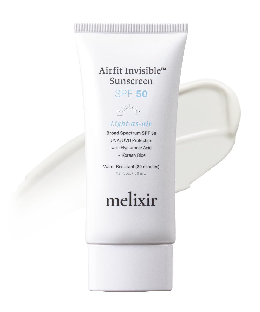 Melixir Airfit Invisible Sunscreen SPF 50, Broad Spectrum Korean Rice Sunscreen for Face, Hyaluronic Acid, Moisturizing Daily Protection for Sensitive Skin, No White Cast, Sweat-proof (1.7 fl.oz.)