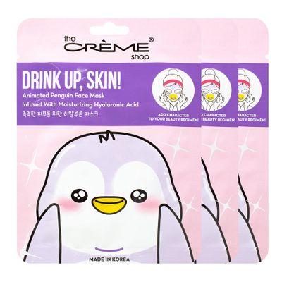 The Crme Shop Korean Skincare Beauty Full Facial Advanced Sheet Daily Natural Essence easy-to-use Soothing - Drink Up, Skin! Penguin Face Mask 3 Piece Value Set